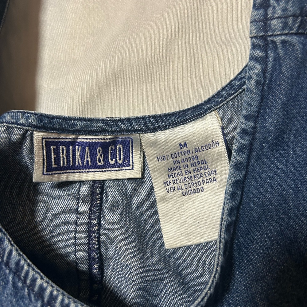 Vintage Erika Collection Blue Denim Cotton Jumper Dress Floral Accent Medium - Picture 11 of 14